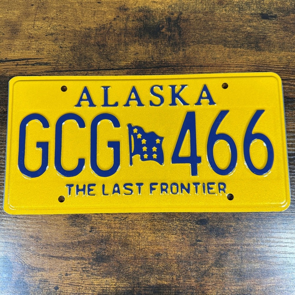 Alaska License Plate GCG 466 Yellow Blue‎ Last Frontier State Flag Metal CLEAN